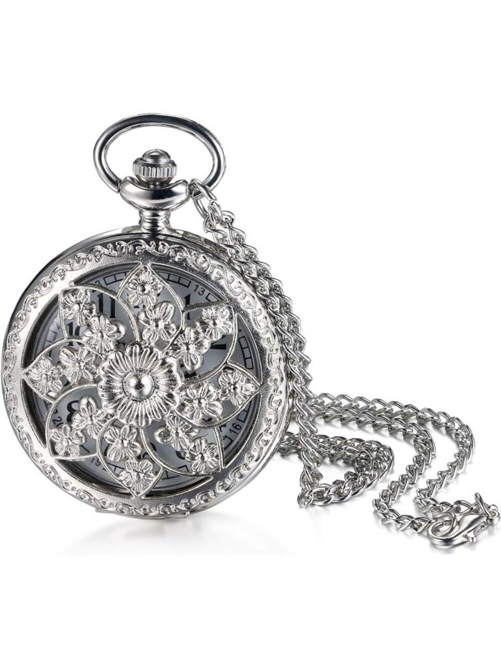 Womens Silver Quartz Antique Bronze Retro Hollow Rose Flowers Round Pocket Watch